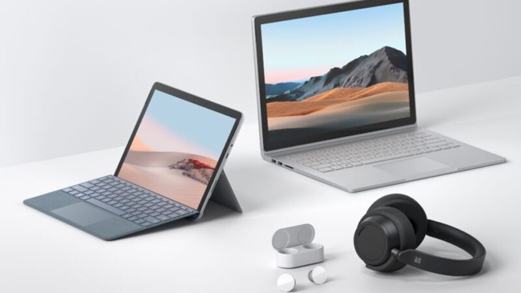 Surface Earbuds, Surface Hadphone 2, tablet Surface Go 2 dan laptop Surface Book 3