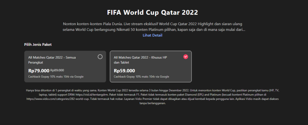 Paket berlangganan Vidio untuk FIFA world cup 2022