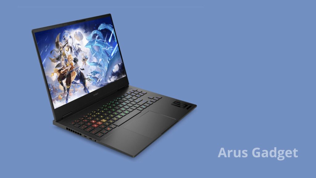  Laptop gaming berperforma tinggi dari HP dengan layar besar dan keyboard backlit warna-warni.